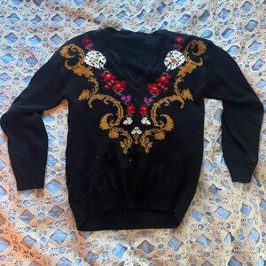 Chic Black V-Neck Sweater with Floral Embroidery
